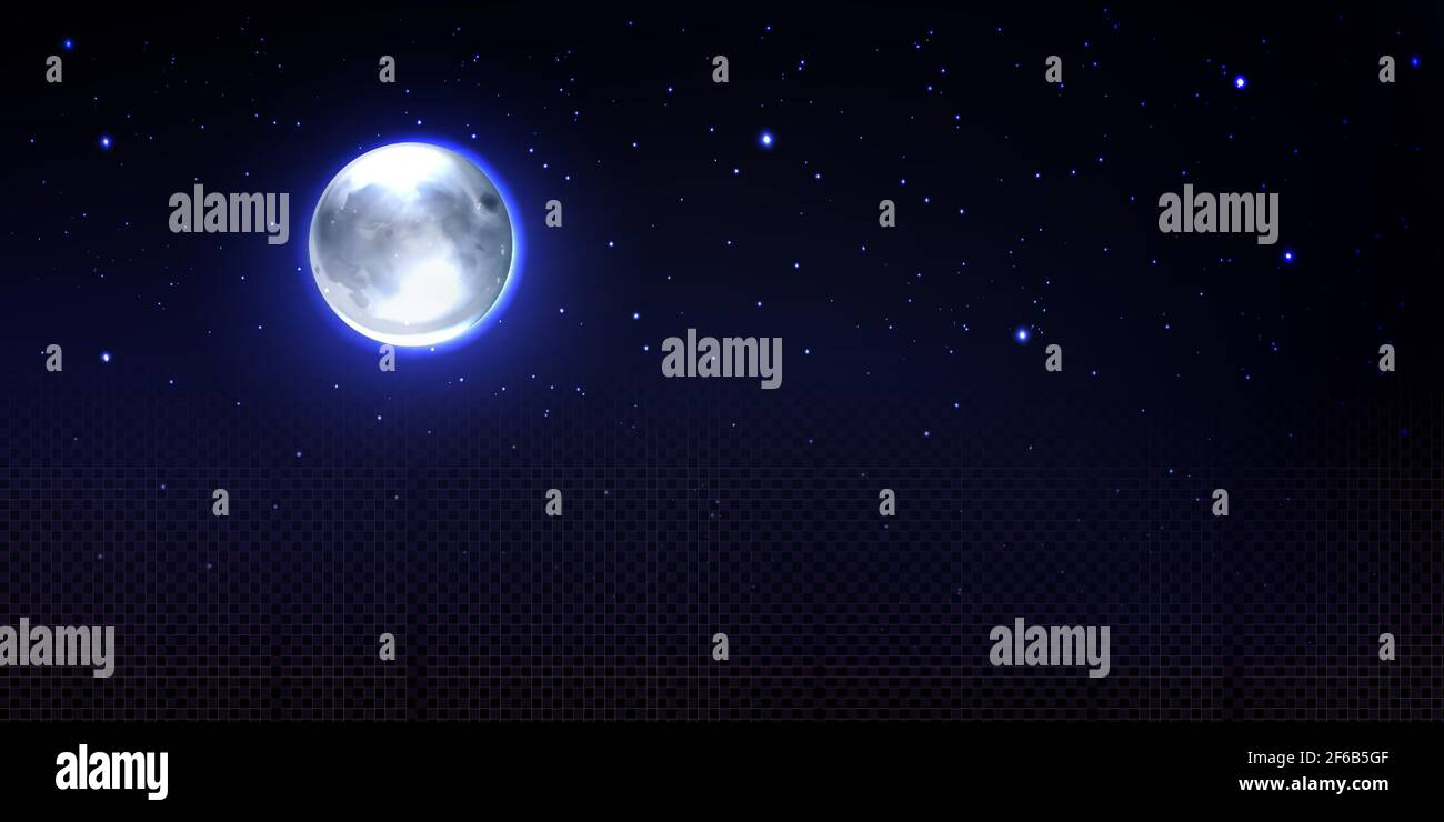 Realistischer Mond im Raum mit Sternen und Transparenz, vollmond-Erdsatellit, Phoebe Astrologie detailliertes Objekt mit Kratern, rundes, leuchtendes Zifferblatt mit leuchtendem Halo am Nachthimmel, 3D Vektorgrafik Stock Vektor