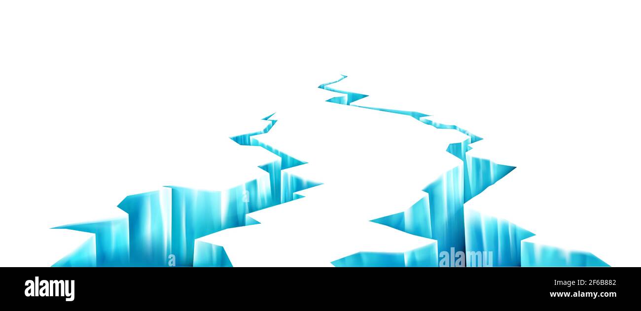 Gebrochenes Eis, tiefer Riss in gefrorener Oberfläche. Gletscherbrüche in perspektivischer Ansicht. Vektor realistischer Hintergrund mit Brüchen im Eis durch Erdbeben oder Schmelzen. 3D blaue Spalten auf weißem Hintergrund Stock Vektor