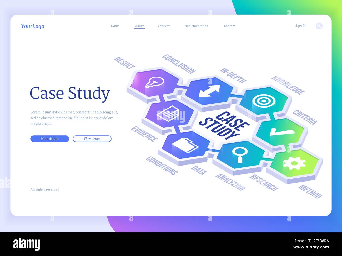 Fallstudie isometrische Landing Page. Business Information Forschung und Analyse, Bildung und Wissen Methoden und Kriterien, Studium der Projektentwicklung Methodik Konzept, 3D Vektor Web-Banner Stock Vektor