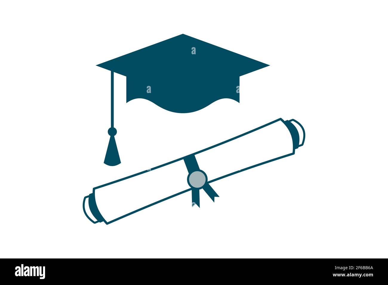 Abschlusskappe und Bildlaufsymbol für Diplom. Blaue Mortarboard und College-Zertifikat. Hochschulkonzept an der Universität. PROMOTION oder Promotion. Stock Vektor