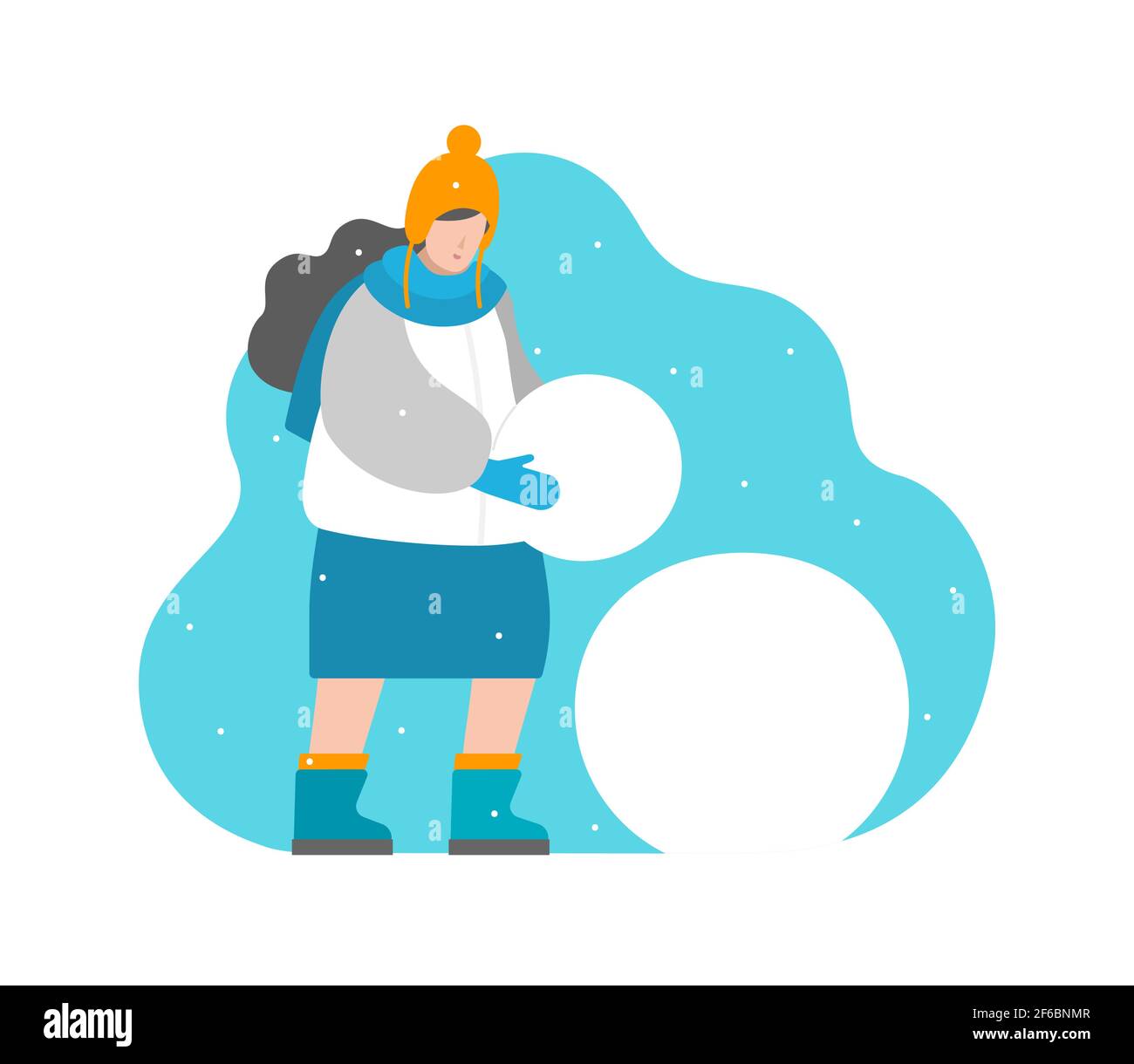 Niedliche Vektor-Konzept in flachen Stil. Mädchen schnitzt Schneemann, trägt Ball in den Händen. Winterurlaub, Zeit für Outdoor-Aktivitäten. Die Frau ist in finnischem Ear Stock Vektor