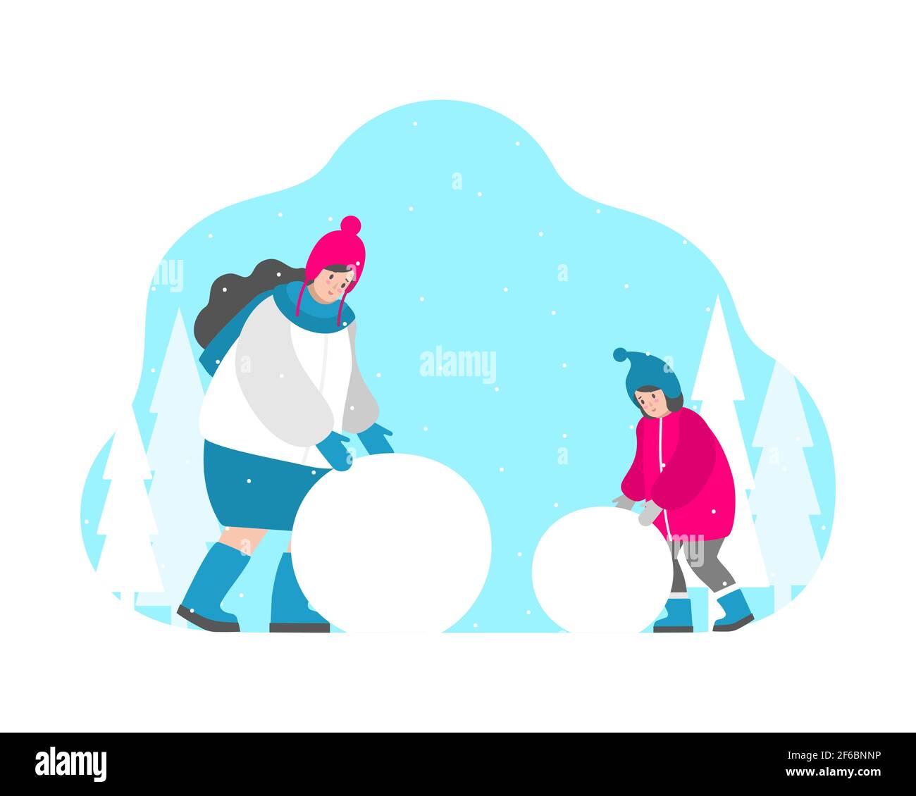 Niedliche Vektor isoliert Konzept in flachen Stil. Glückliche Kindheit: Mama und lächelndes Baby Mädchen Rollen Ball zu bilden lustige Schneemann zusammen. Winterurlaub Stock Vektor