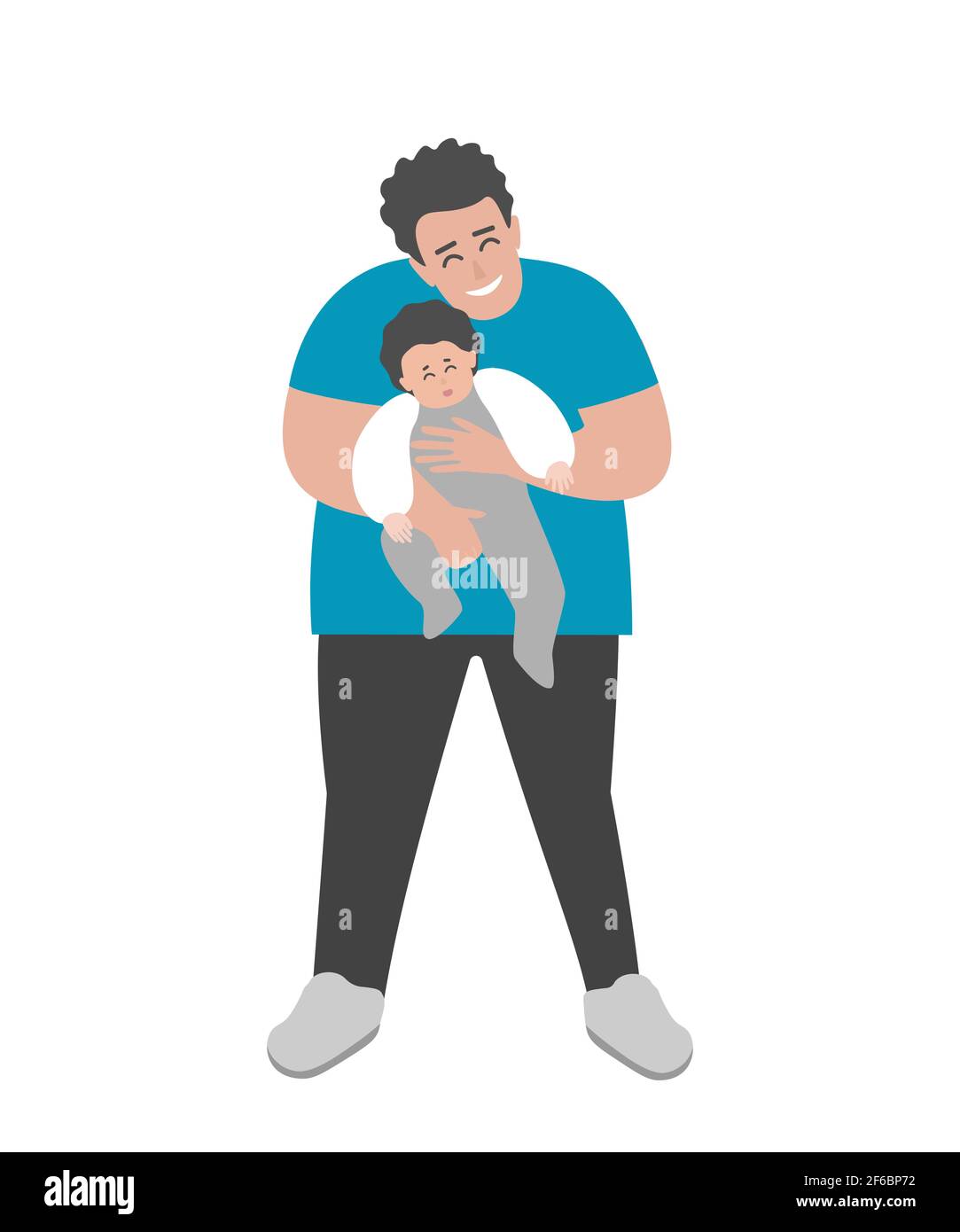 Vektor isoliert flache Illustration mit Cartoon Körper positive Vater lächelt, hält in seinen Armen kleine niedliche Baby. Glücklicher Papa zeigt die Liebe der Eltern Stock Vektor