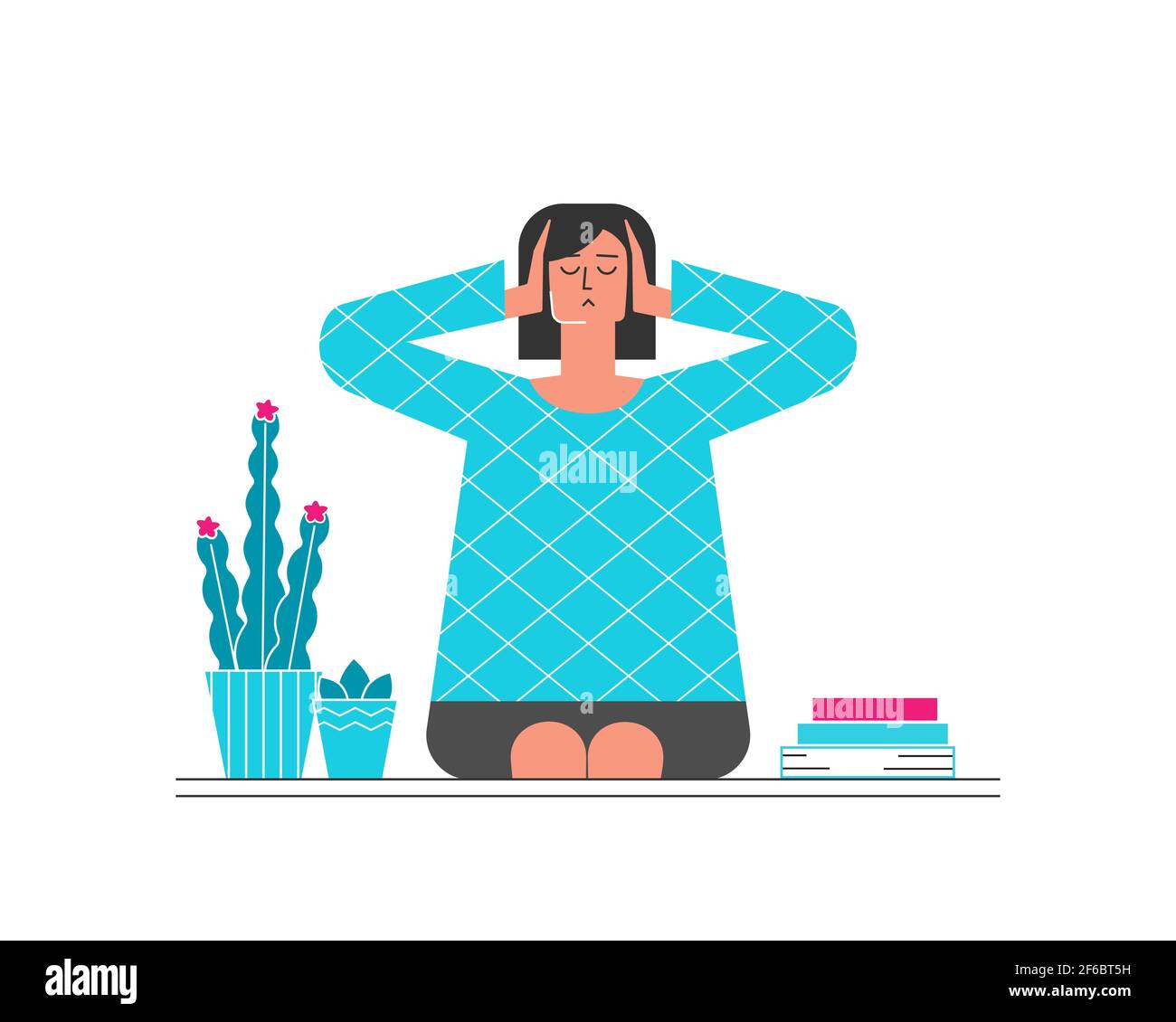 Vector flaches Konzept mit Frau zu Hause sitzen und schließen Ohren durch Hände. Zu viel Informationsrauschen als Grund des Problems mit geistiger Gesundheit. Mädchen ist f Stock Vektor