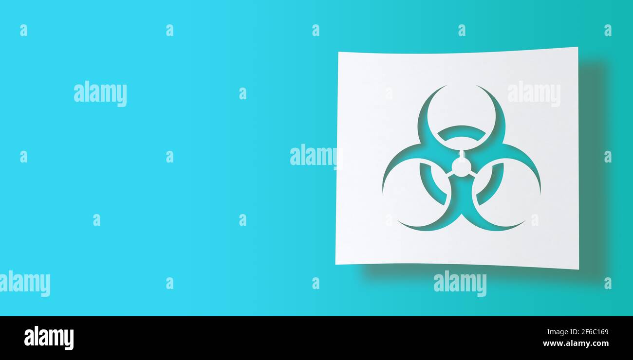 3D-gerendertes Icon-Konzept: Isoliertes Bio-Gefahrensymbol auf weißem quadratischem Papier ausgeschnitten. Türkisblauer Hintergrund mit großem Kopierbereich. Illustriert Stockfoto