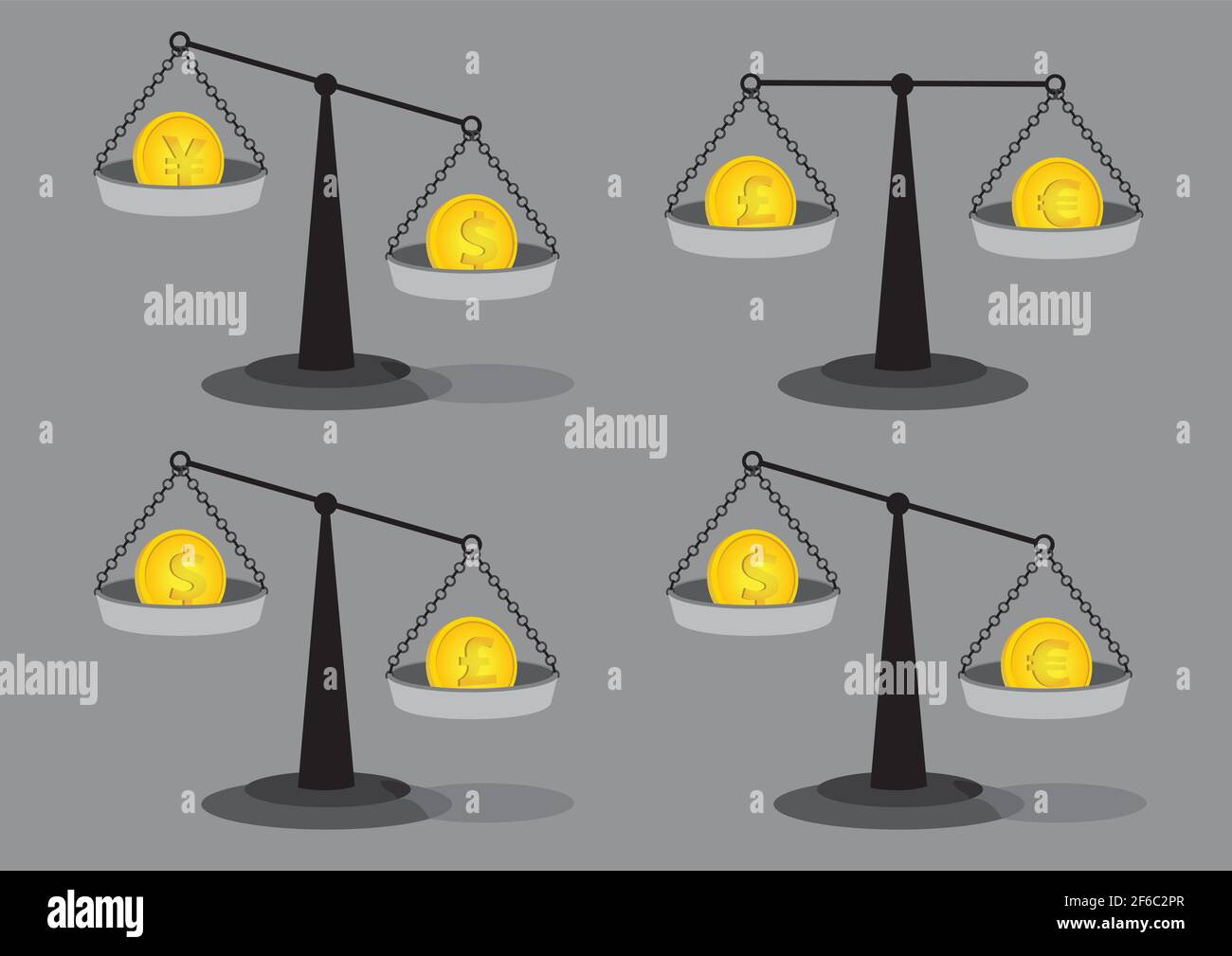 Satz von vier Vektor-Illustrationen von Goldmünzen auf alt Mode ausgleichende Strahlwaagen isoliert auf grauem Hintergrund für Wechselkurs kontra Stock Vektor