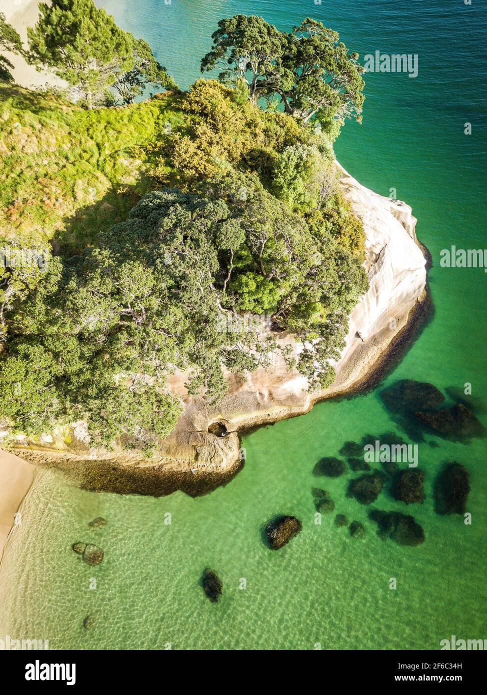 Blick auf die Küste. Seichtes Wasser, das von Sonnenschein beleuchtet wird. Luftaufnahme von Neuseeland fantastische Landschaften und Landschaften. Stockfoto