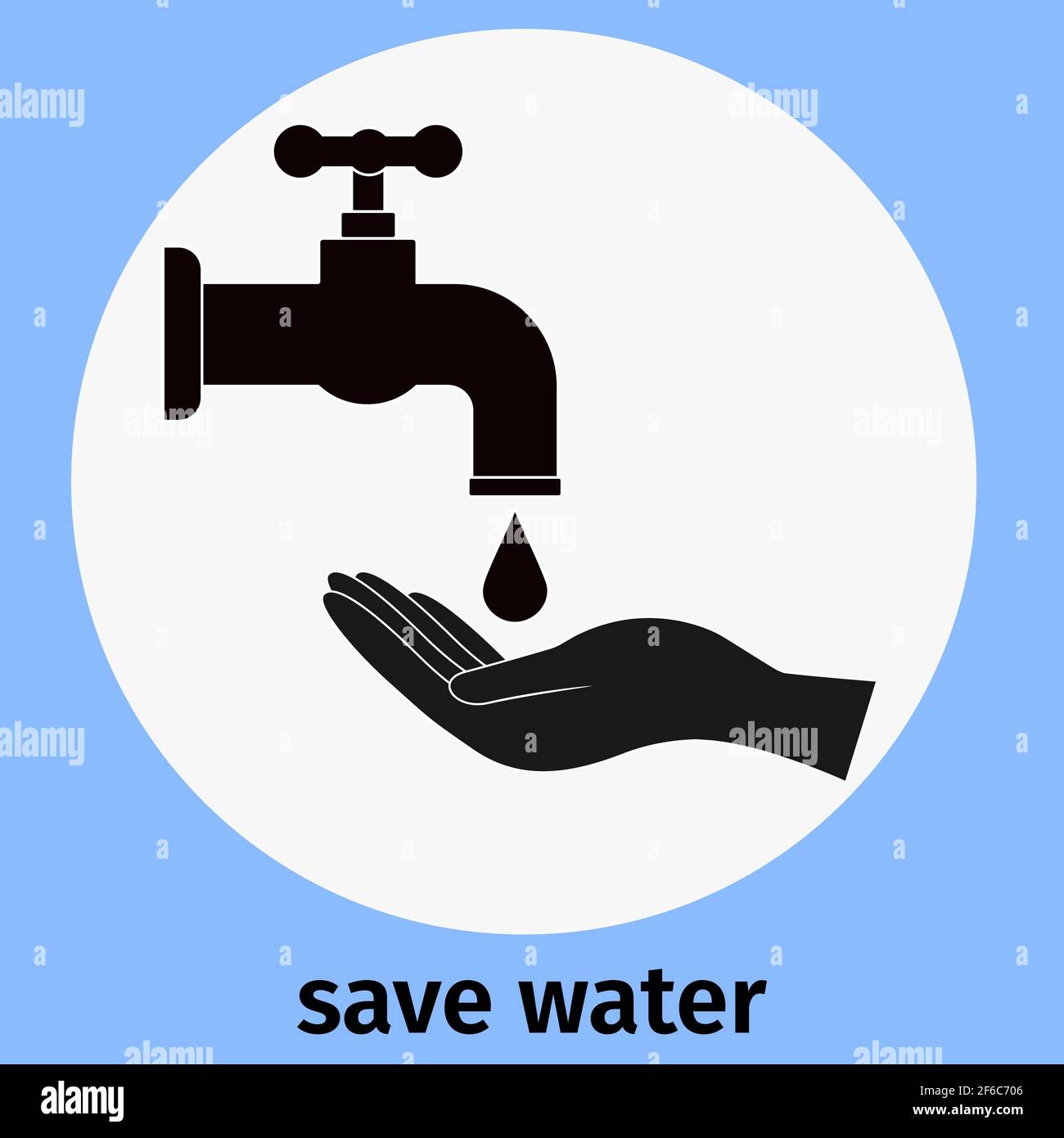 Sparen Sie Wasser. Wasserhahn mit tropfendem Wasser und Hand. Symbol der Rettung und Erhaltung der natürlichen Ressourcen. Vektor, Konzept. Stock Vektor