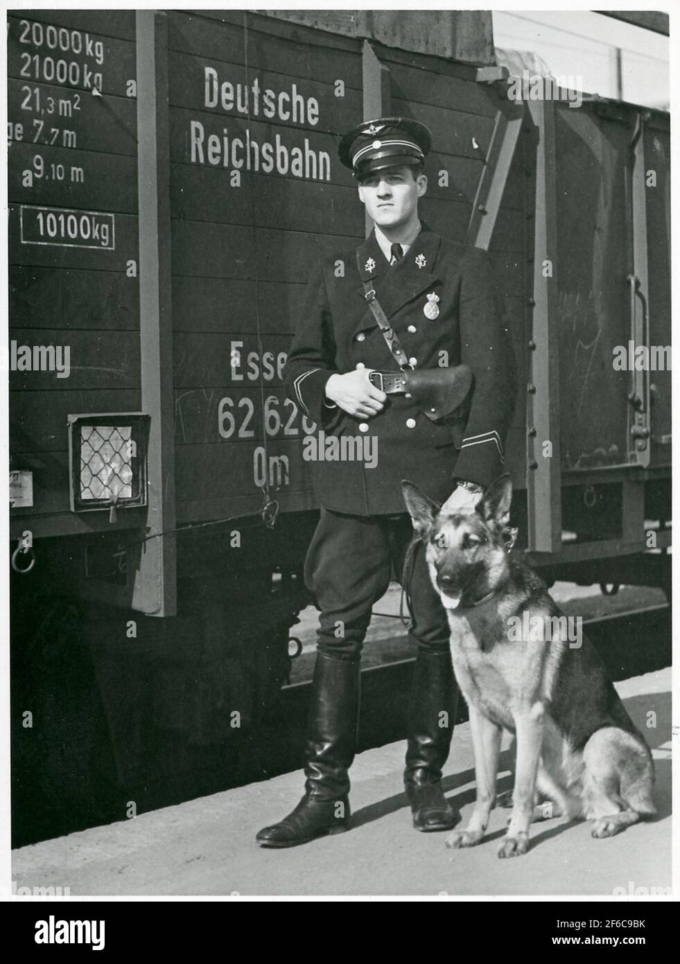 Schwedische Bahnpolizei mit Schäferhund vor einem deutschen Militärzug in Richtung Norwegen während des Zweiten Weltkriegs Hier am Hauptbahnhof Östersund. Stockfoto