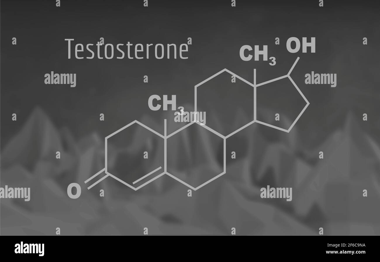 Chemische molekulare Formel Hormon Testosteron. Infografiken-Illustration. Mann Silhouette. Low Poly Mountains Landschaft Hintergrund. Stock Vektor