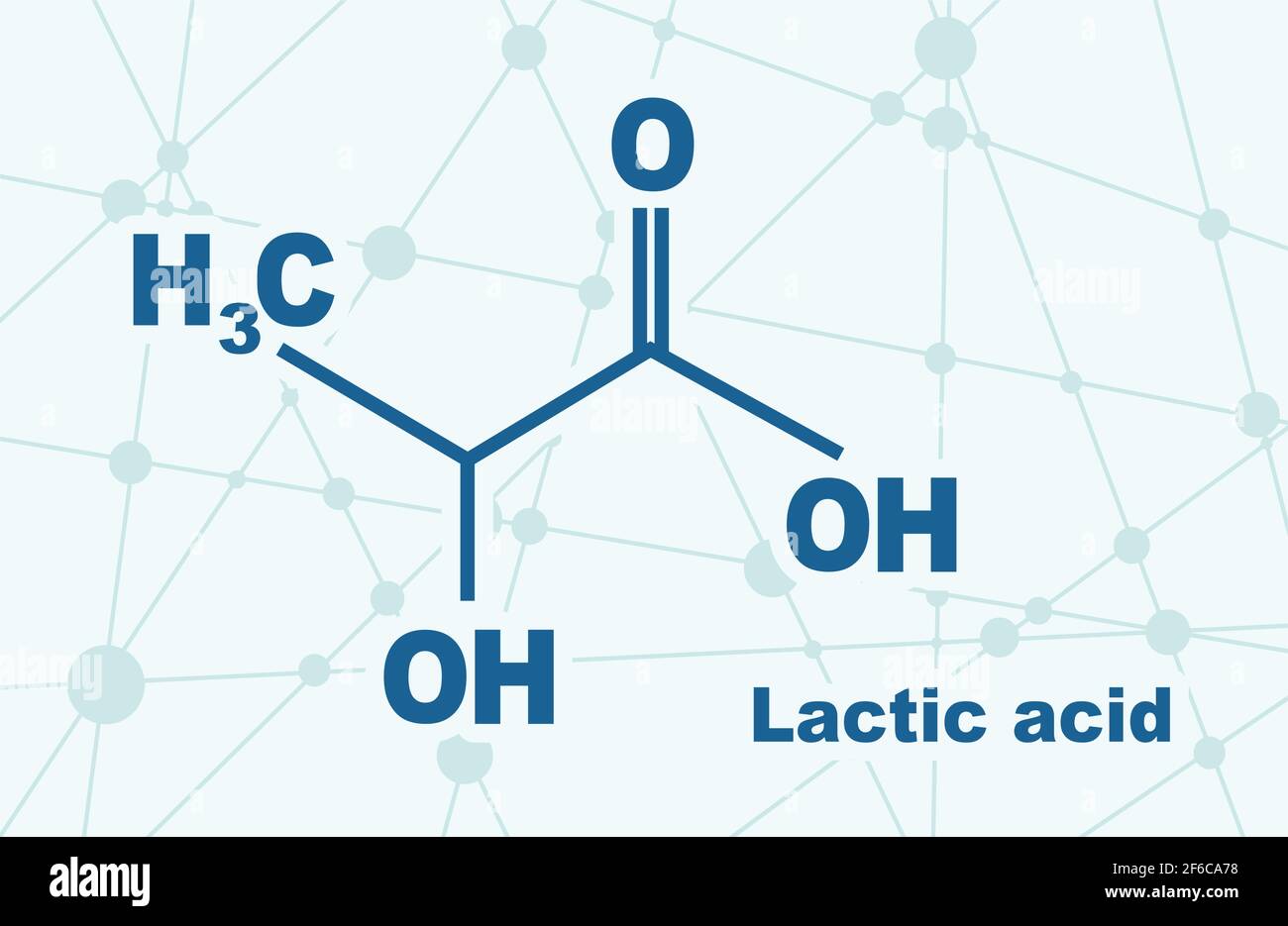 Milchsäuremolekül. Strukturelle chemische Formel. Infografiken-Illustration. Mit Linien und Punkten verbundener Hintergrund Stock Vektor