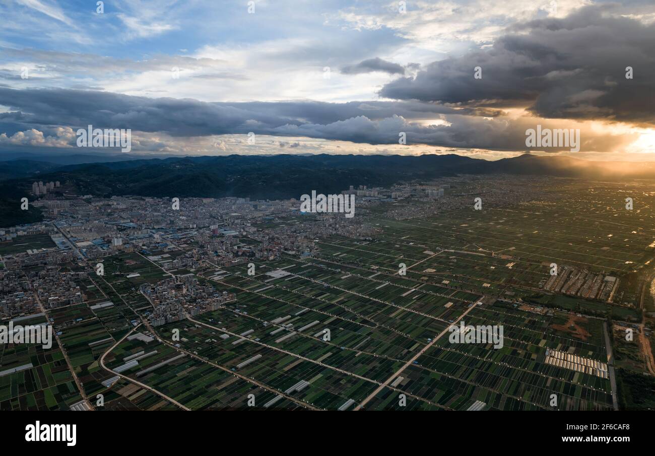 Luftaufnahme von landwirtschaftlichen Grundstücken in Gemüsepflanzen in der Nähe von Kunming, China Stockfoto