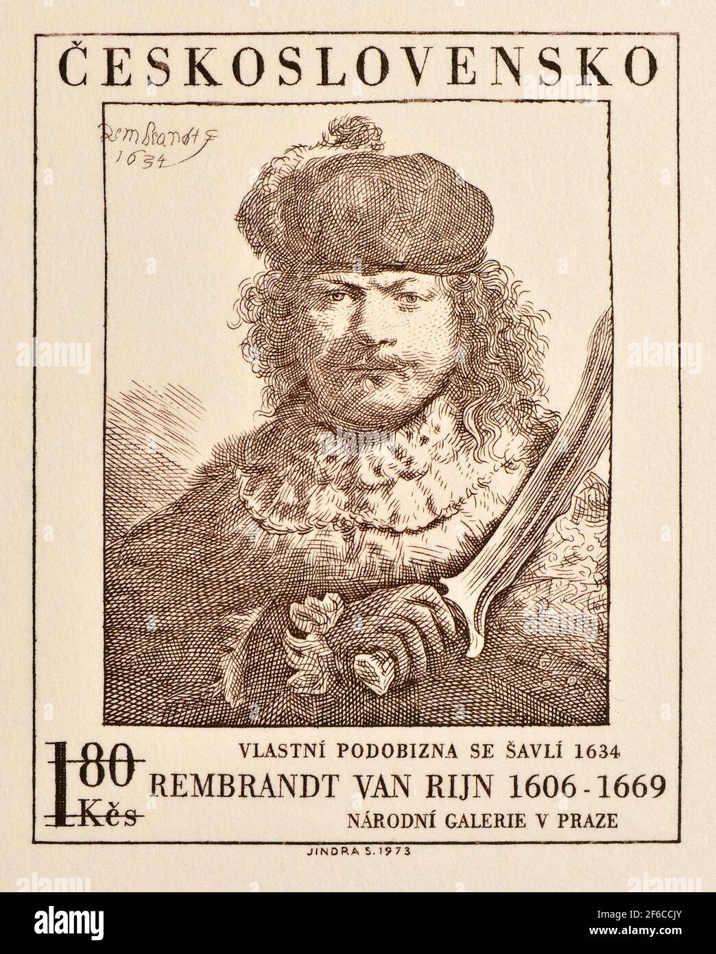 Testdruck für eine tschechoslowakische Briefmarke von 1973: Rembrandt-Selbstporträt Stockfoto