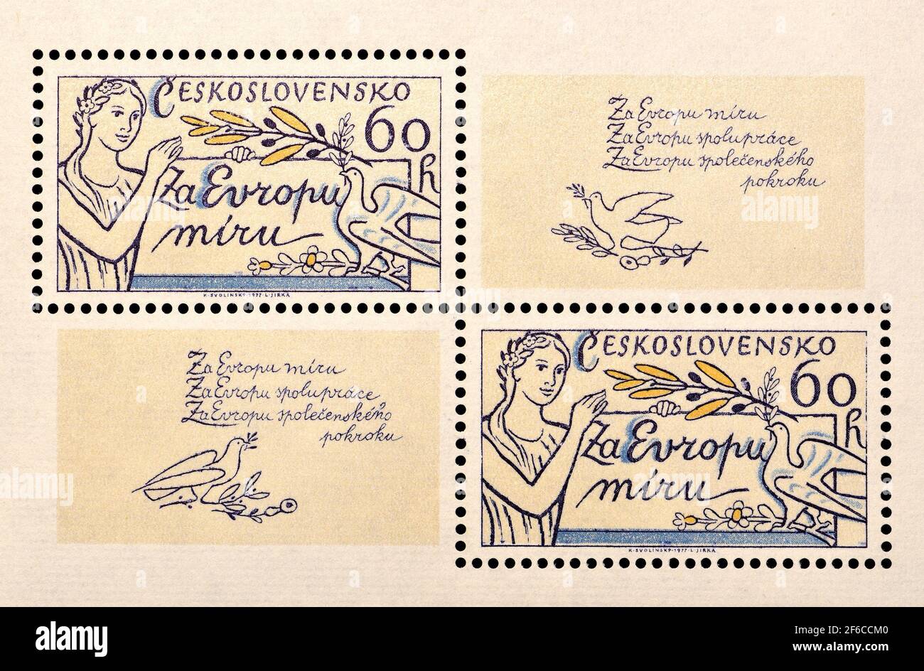 Tschechoslowakische Briefmarke Mini-Bogen (1977) aus der Serie 'für das Europa des Friedens, der Zusammenarbeit und des sozialen Fortschritts' 60h: Frieden (miru) Stockfoto