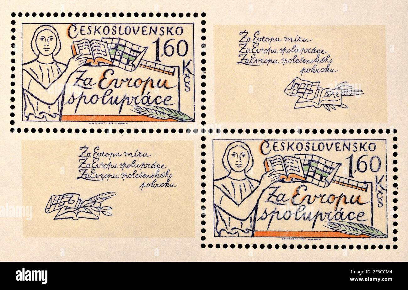Tschechoslowakische Briefmarke Mini-Blatt (1977) aus der Serie "für das Europa des Friedens, der Zusammenarbeit und des sozialen Fortschritts" 1.60Kcs: Kooperation Stockfoto