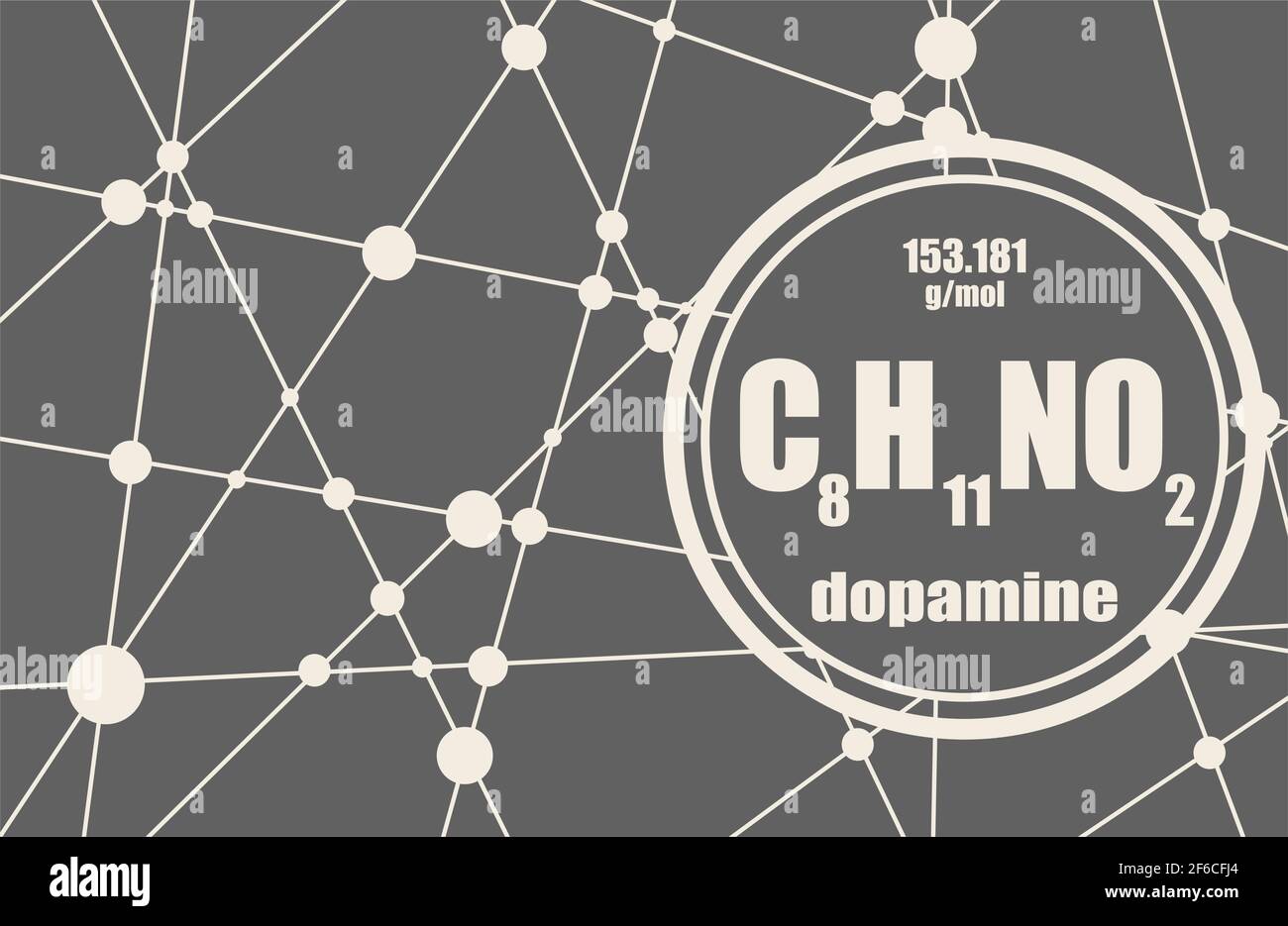 Chemische Formel von Hormon Dopamin. Infografiken-Illustration. Verbundene Linien mit Punkten Hintergrund Stock Vektor