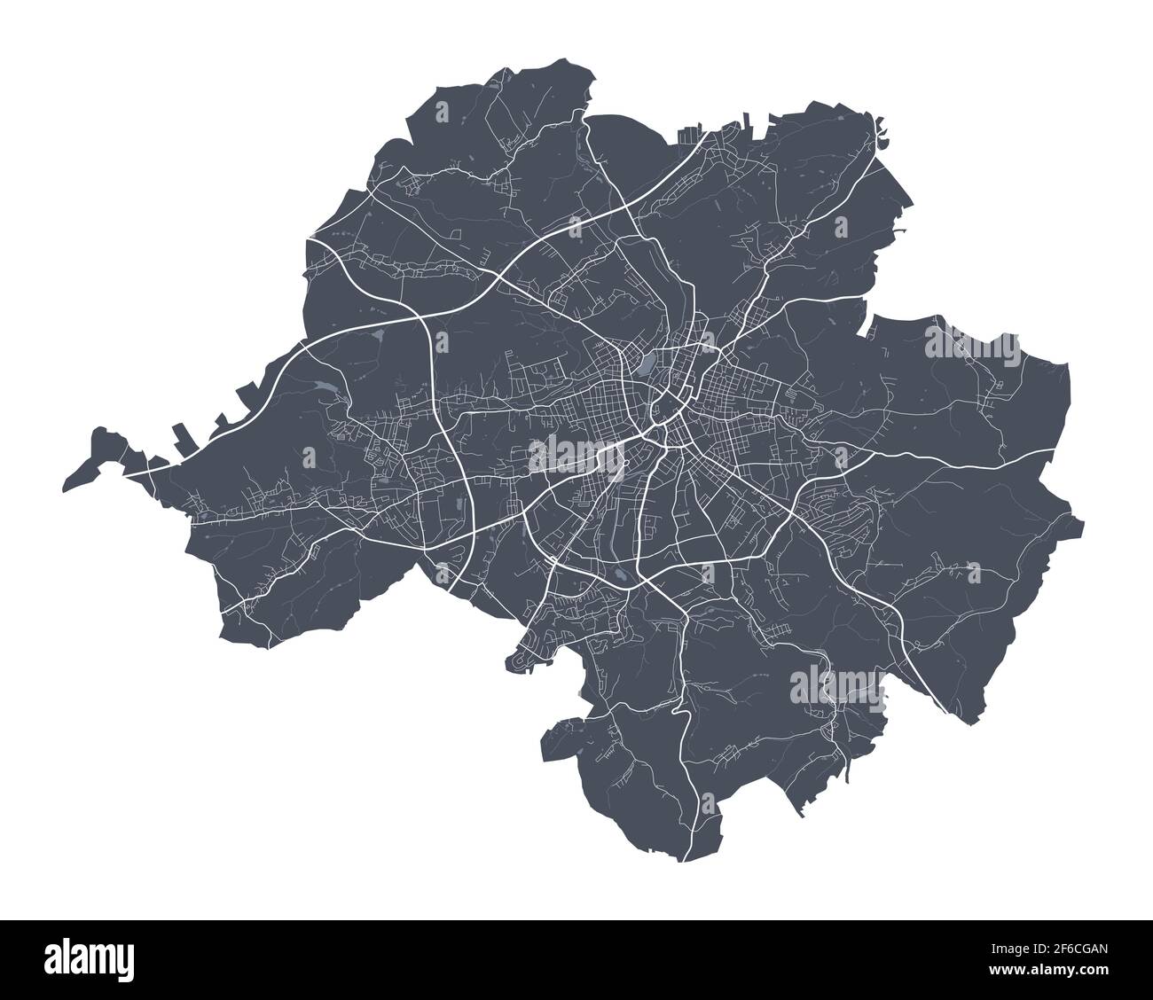 Chemnitzer Karte. Detaillierte Vektorkarte von Chemnitz Stadtverwaltung. Stadtbild Poster Metropolregion Arie Ansicht. Dunkles Land mit weißen Straßen, Straßen A Stock Vektor