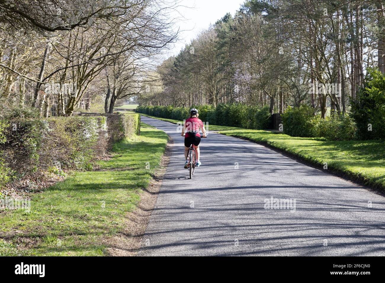 Frau mit dem Fahrrad in Großbritannien; eine alleinerziehende Frau, die allein auf einer Landstraße an einem sonnigen Tag im Frühjahr ein Fahrrad fährt, Rückansicht, Lifestyle-Beispiel, Cambridgeshire UK Stockfoto