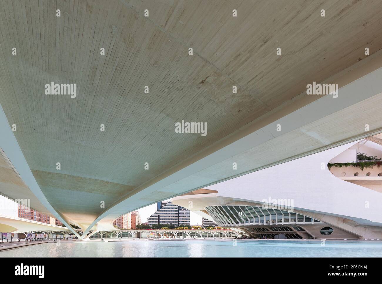 Blick auf das Opernhaus unter der Brücke. Stadt der Künste und Wissenschaften von Santiago Calatrava Stockfoto