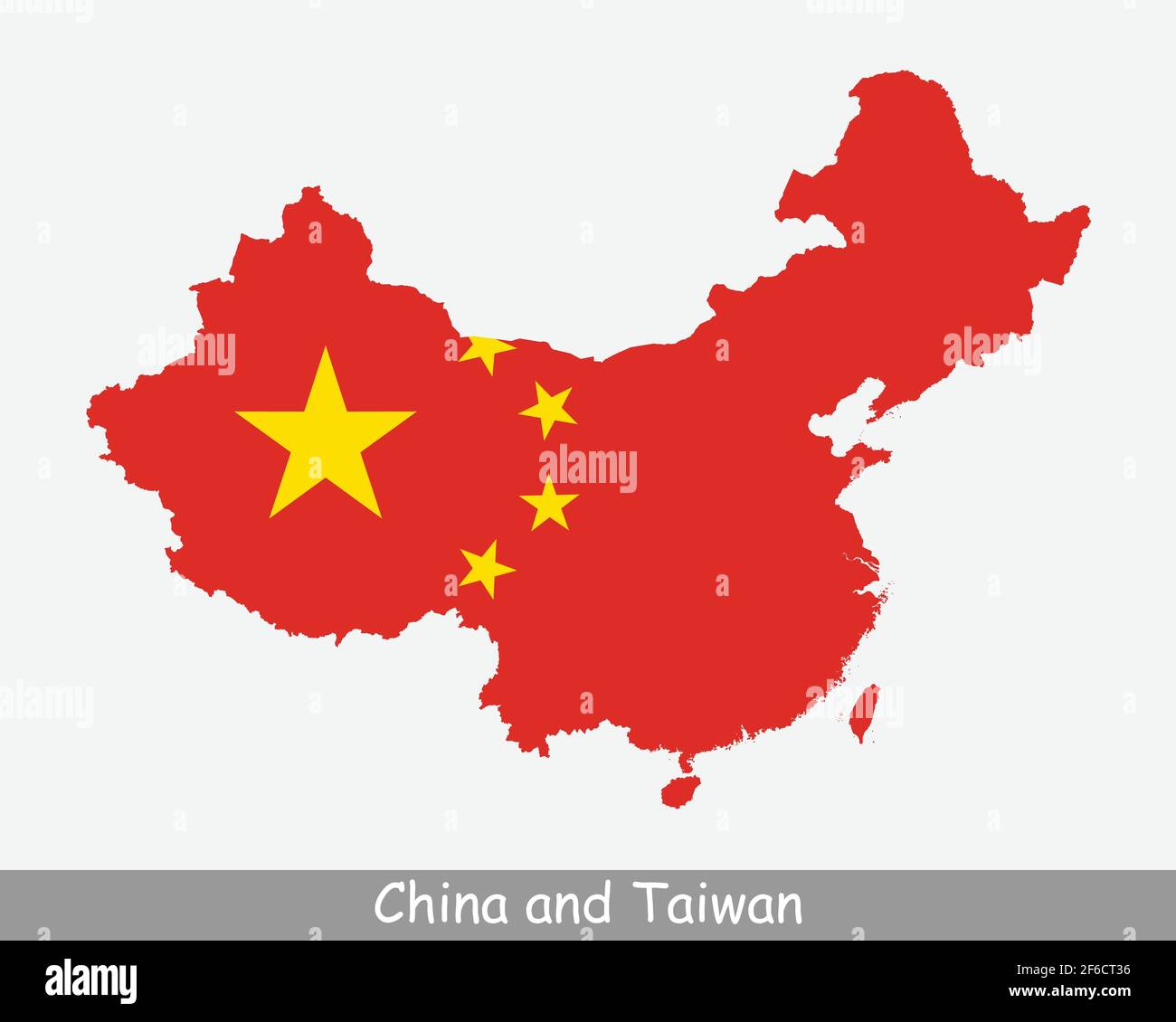 China und Taiwan Karte Flagge. Karte von China und Taiwan mit der chinesischen Nationalflagge isoliert auf weißem Hintergrund. Vektorgrafik. Stock Vektor