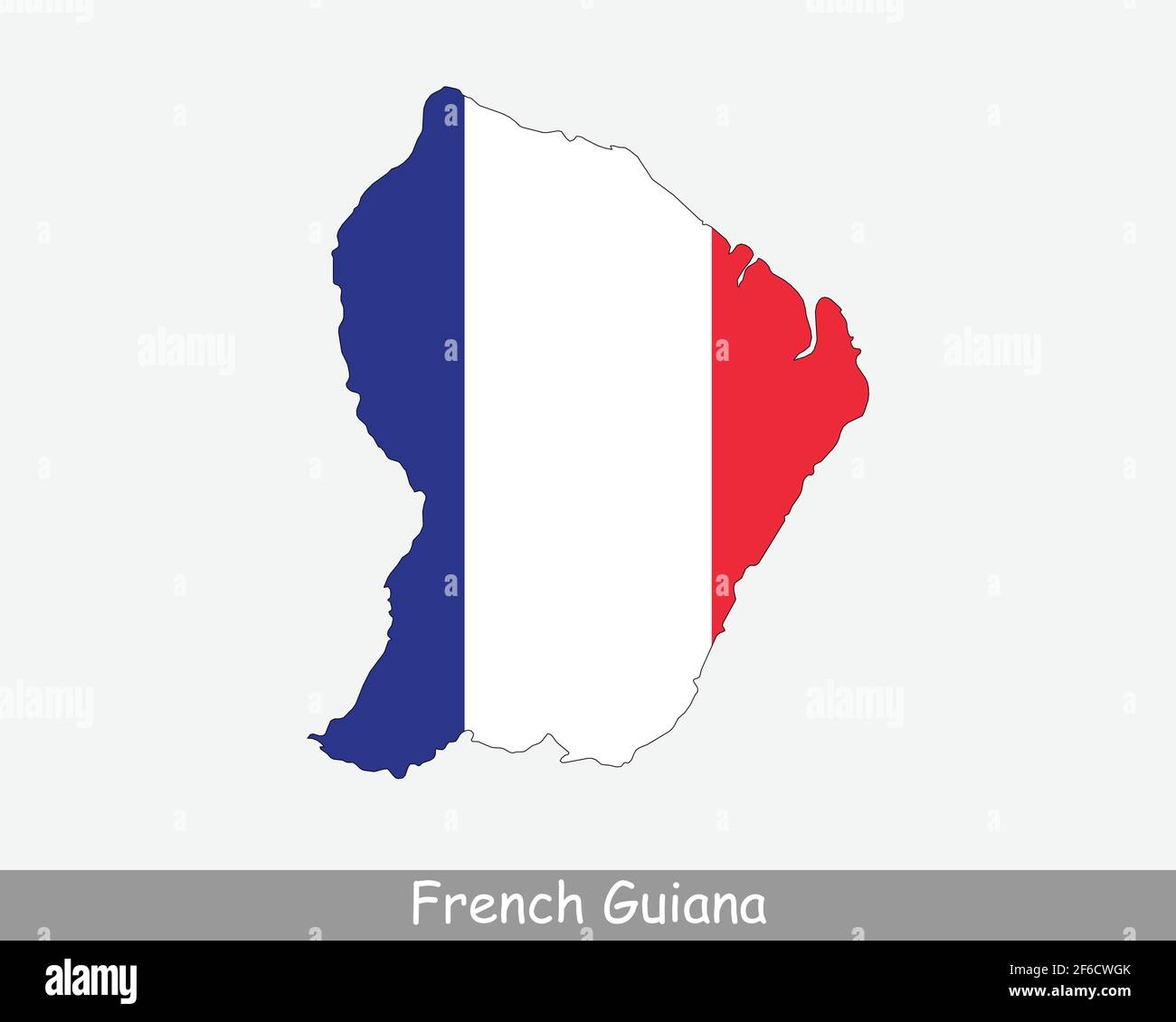 Französisch-Guayana Karte Flagge. Karte von Guyane mit französischer Flagge isoliert auf weißem Hintergrund. Überseeische Abteilung, Region und einzelne territoriale Kollektivität o Stock Vektor