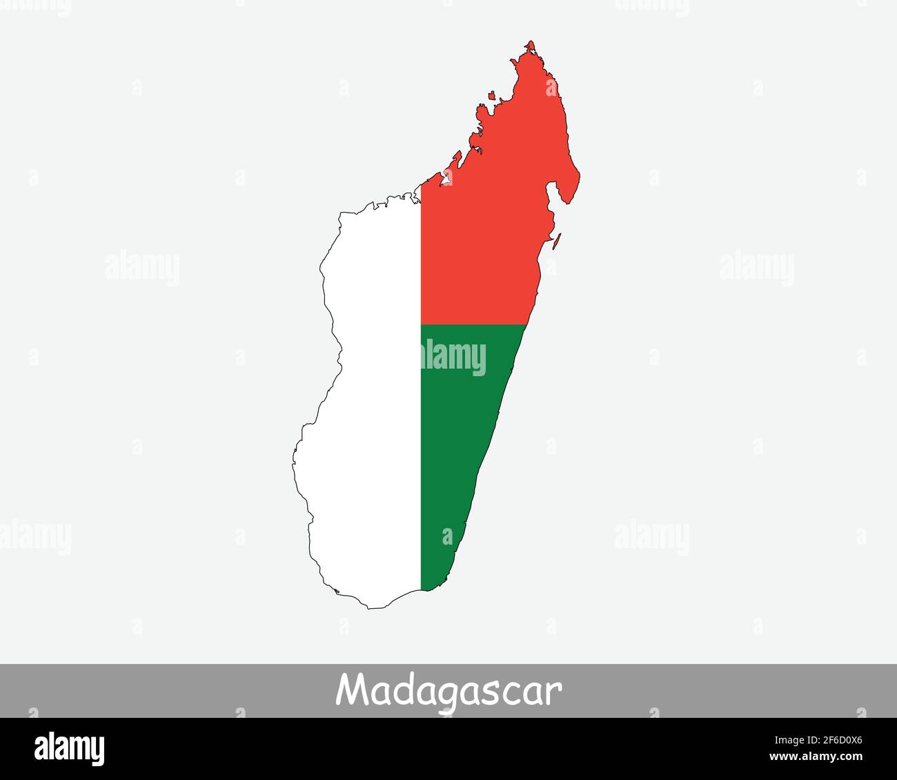 Madagaskar Karte Flagge. Karte der Republik Madagaskar mit der madagassischen Nationalflagge isoliert auf weißem Hintergrund. Vektorgrafik. Stock Vektor