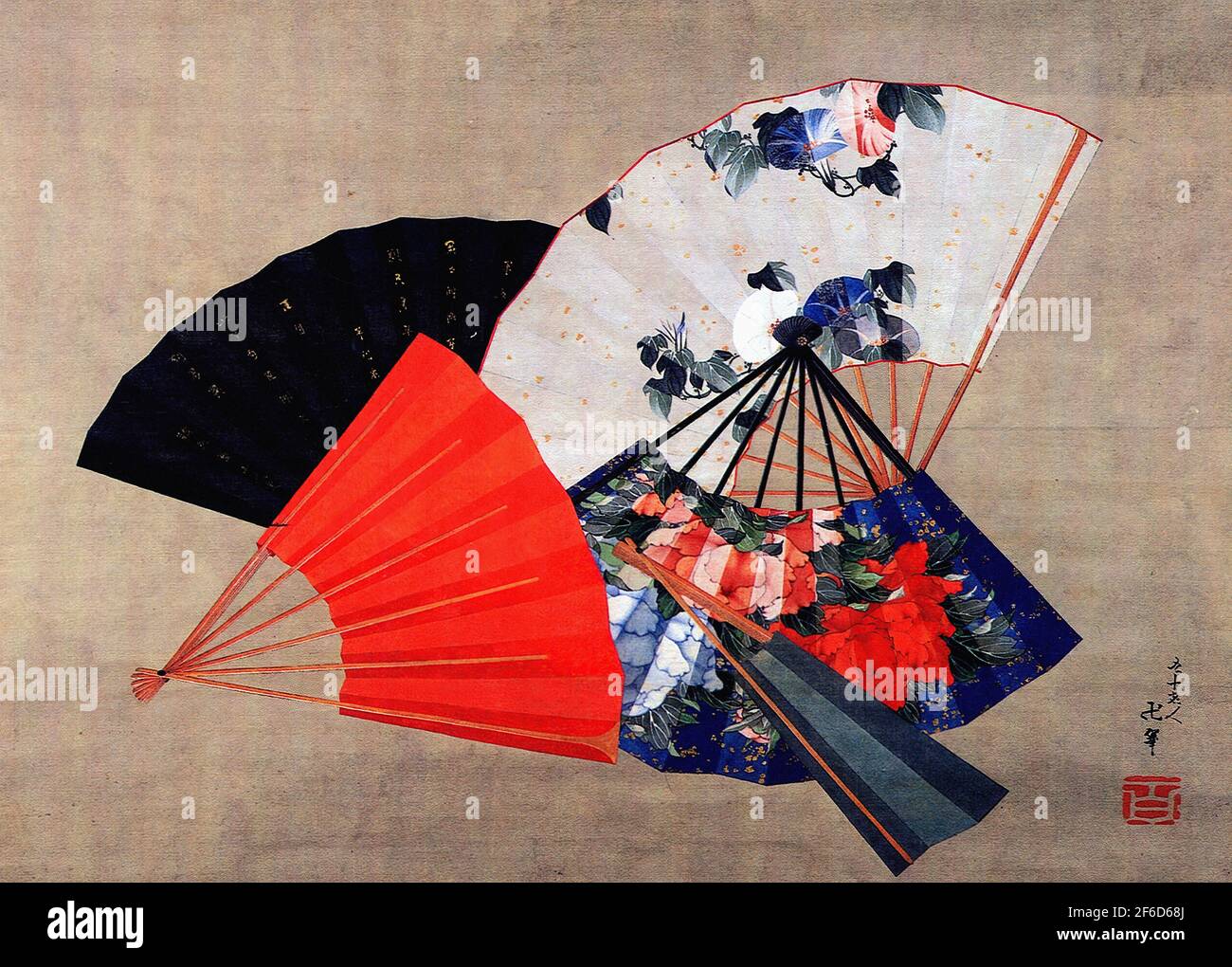 Katsushika Hokusai 葛飾北斎- Fünf Fans Stockfoto