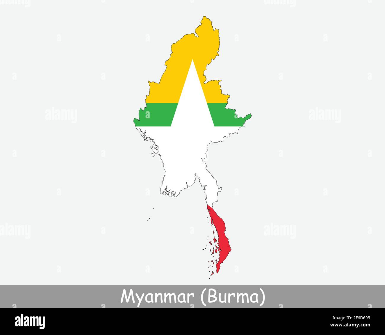 Myanmar Burma Flagge Karte. Karte der Republik der Union von Myanmar mit der birmanischen Nationalflagge isoliert auf weißem Hintergrund. Vektorgrafik. Stock Vektor