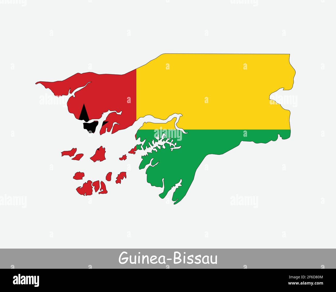 Guinea-Bissau Karte Flagge. Karte der Republik Guinea-Bissau mit der Bissau-guineischen Nationalflagge isoliert auf weißem Hintergrund. Vektorgrafik. Stock Vektor