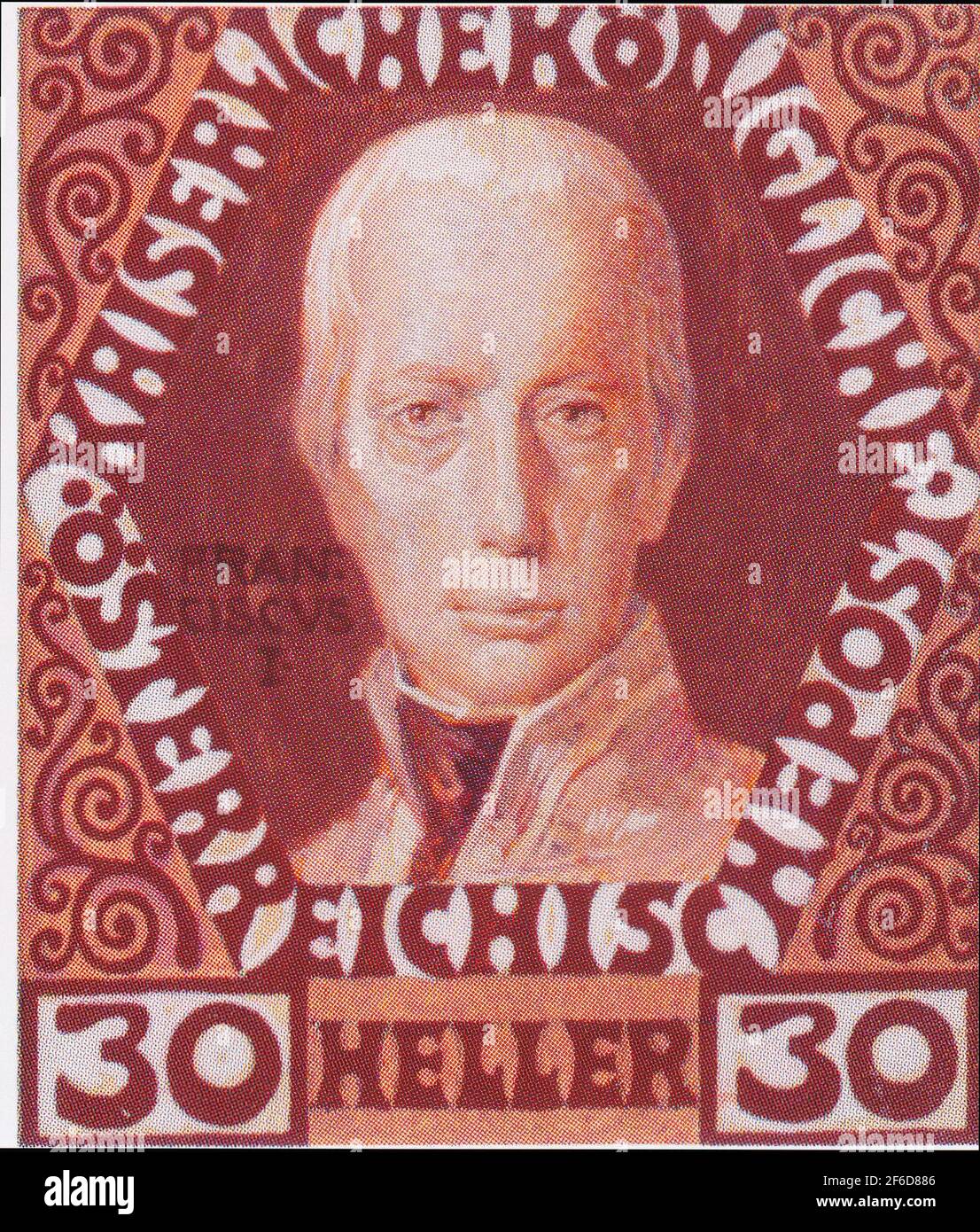 Koloman Moser - Design Jubiläumsmarke mit österreichischem Kaiser Franz I 1908 Stockfoto