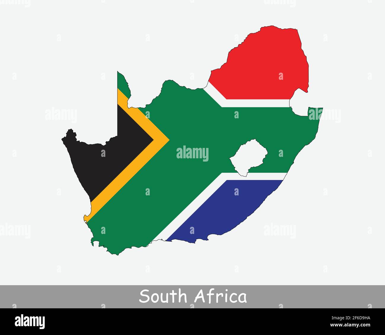 Südafrika Flagge Karte. Karte der Republik Südafrika mit der südafrikanischen Nationalflagge isoliert auf weißem Hintergrund. Vektorgrafik. Stock Vektor