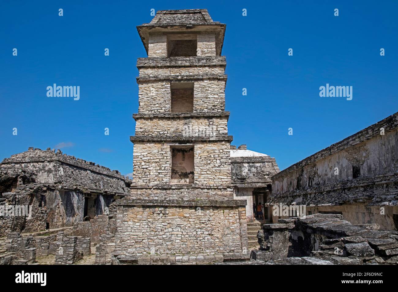Palast mit Aussichtsturm auf der präkolumbianischen Maya-Zivilisationsstätte von Palenque, Chiapas, Südmexiko Stockfoto