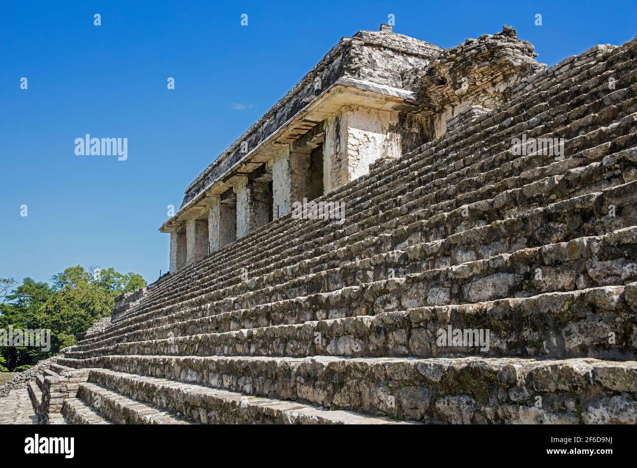 Die Ruinen des Palastes auf der präkolumbianischen Maya-Kulturstätte von Palenque, Chiapas, Südmexiko Stockfoto