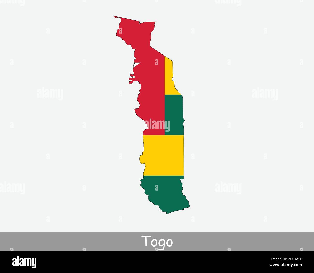 Togo Flagge Karte. Karte der togolesischen Republik mit der togolesischen Nationalflagge isoliert auf weißem Hintergrund. Vektorgrafik. Stock Vektor