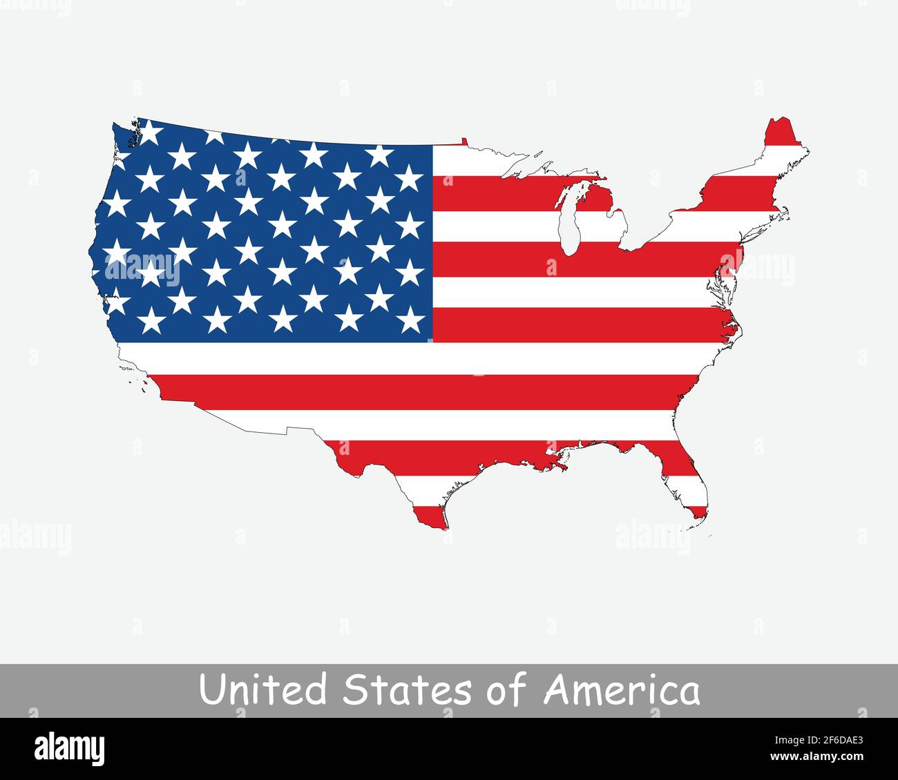 Vereinigte Staaten von Amerika USA Flagge Karte. Karte der USA mit der amerikanischen Nationalflagge isoliert auf weißem Hintergrund. Vektorgrafik. Stock Vektor