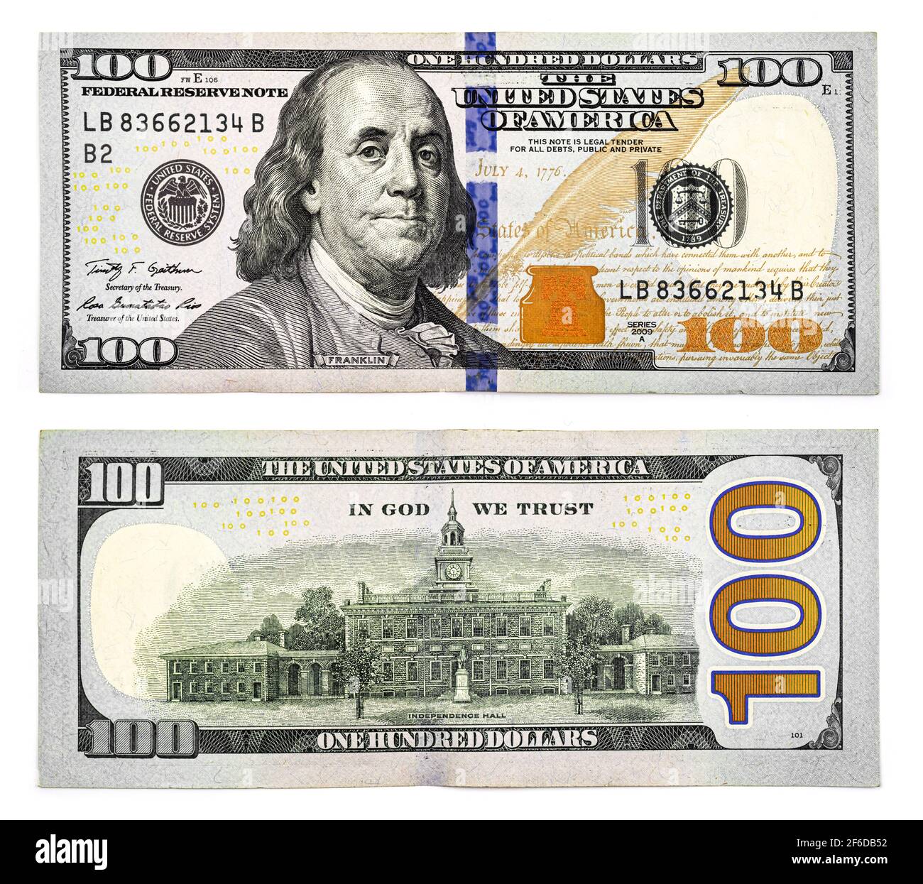 Neue hundert-Dollar-Rechnung isoliert auf weißem Hintergrund, American Money zwei Seite aus der Nähe Stockfoto
