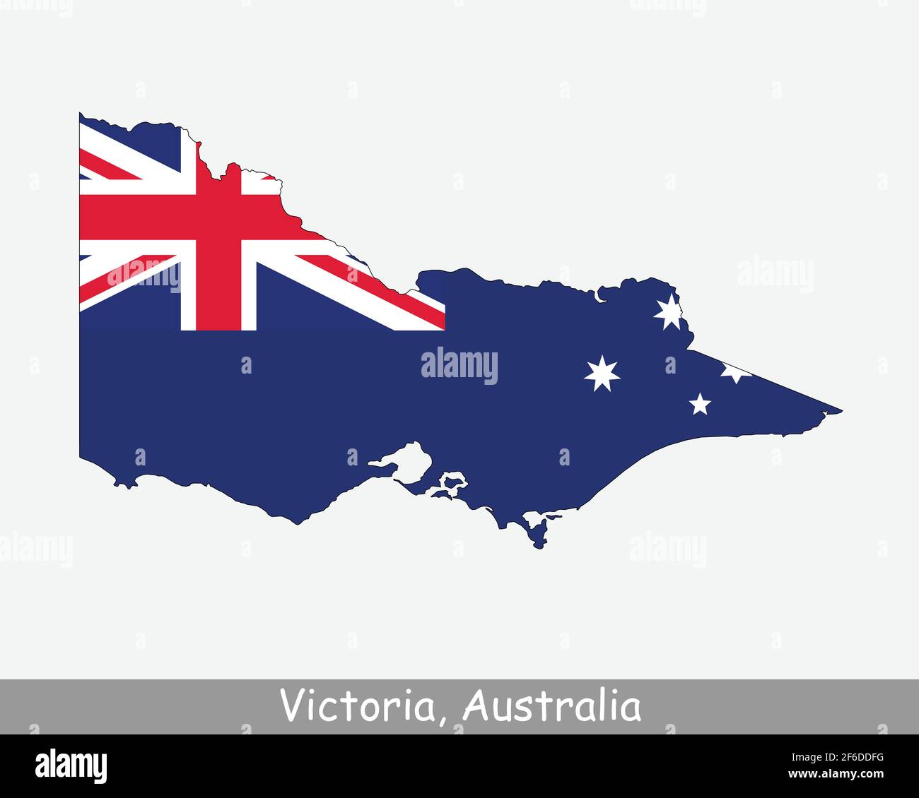 Victoria Karte Flagge. Karte von Vic, Australien mit isolierter Staatsflagge auf weißem Hintergrund. Australischer Staat. Vektorgrafik. Stock Vektor