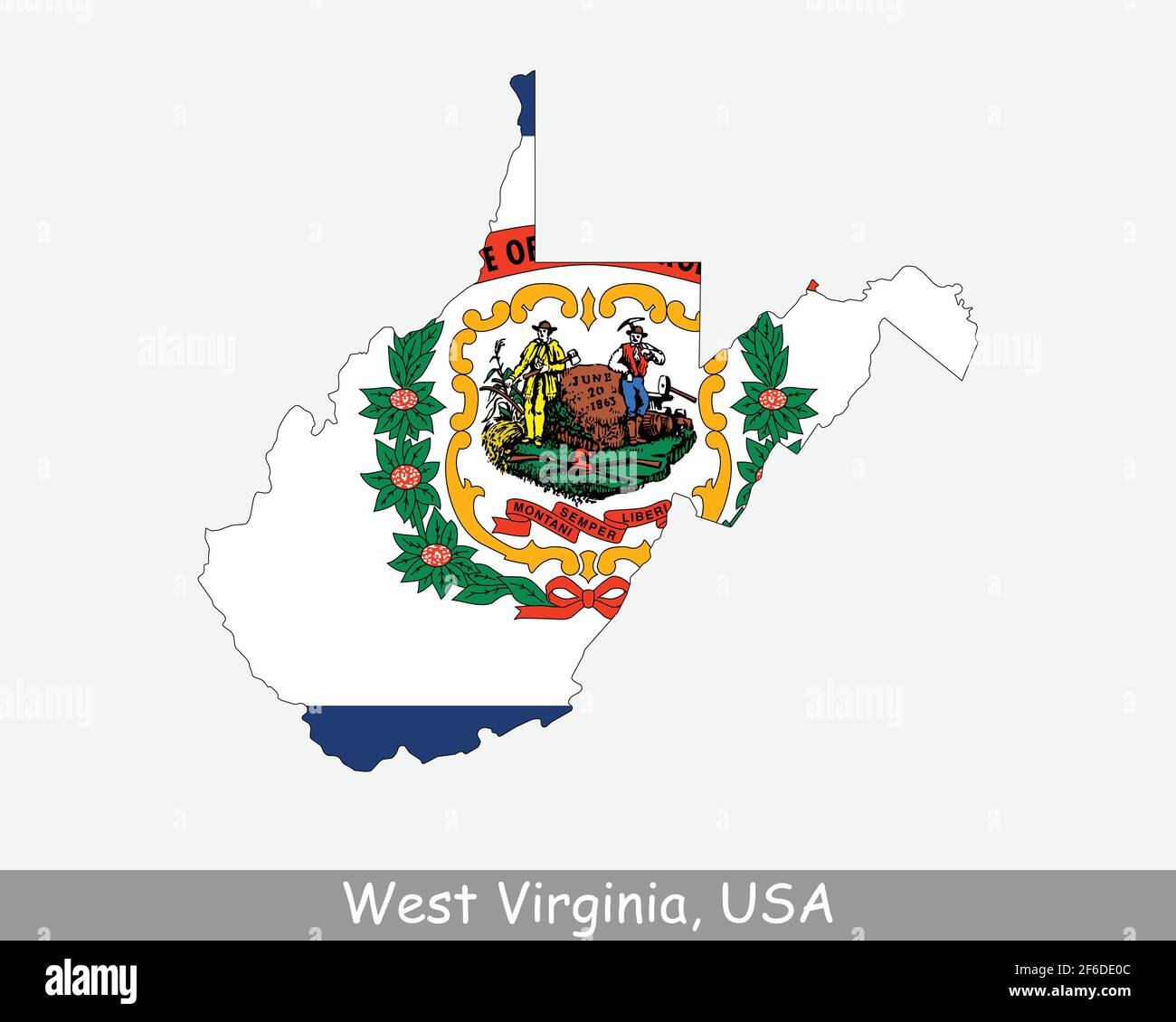 West Virginia Karte Flagge. Karte von WV, USA mit der Staatsflagge isoliert auf weißem Hintergrund. Vereinigte Staaten, Amerika, Amerikaner, Vereinigte Staaten von Amerika, Stock Vektor