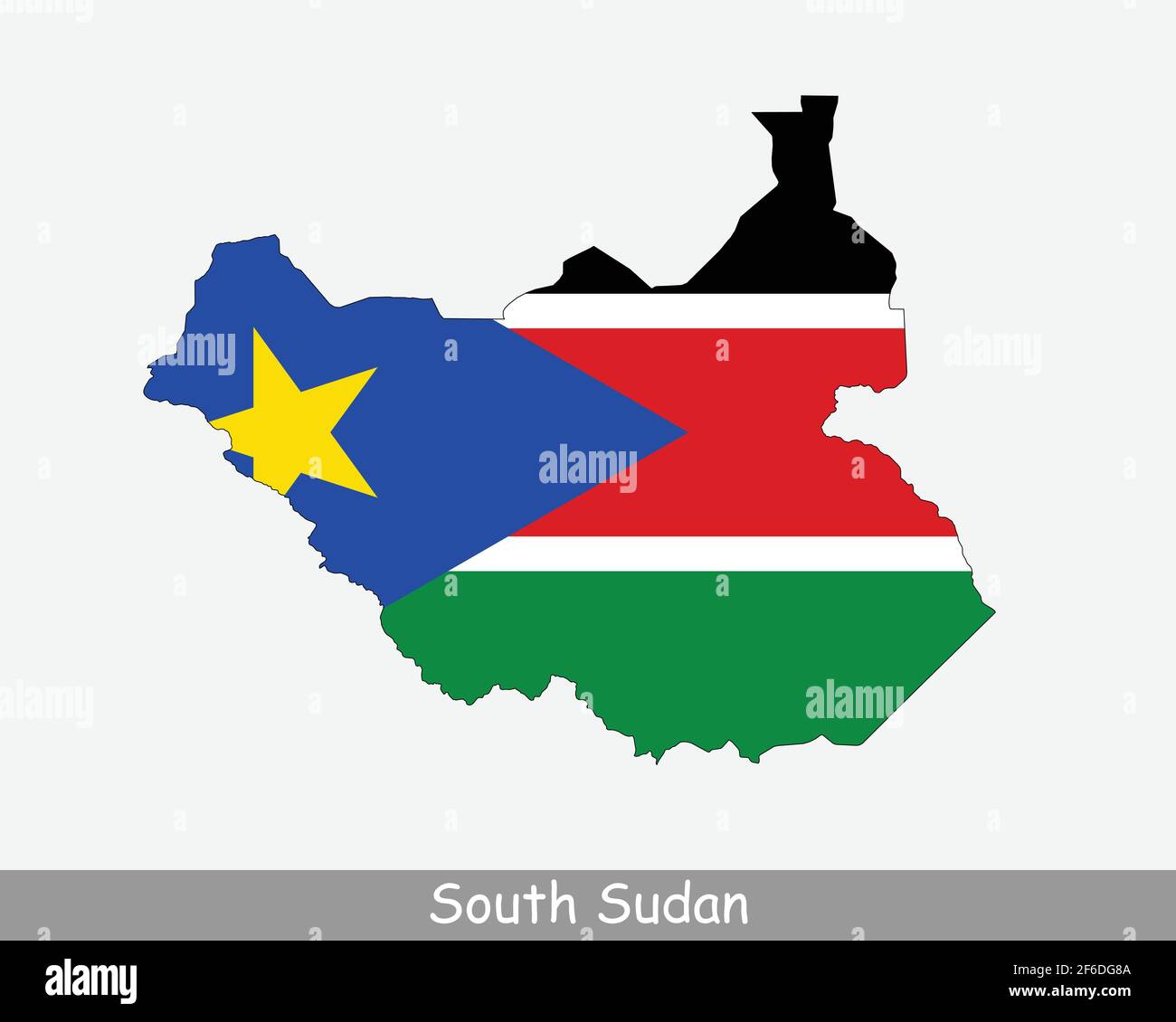 Südsudan Flagge Karte. Karte der Republik Südsudan mit der südsudanesischen Nationalflagge isoliert auf weißem Hintergrund. Vektorgrafik. Stock Vektor