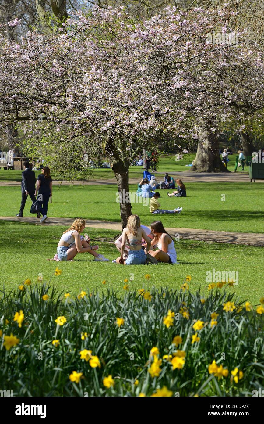 London, England, Großbritannien. Menschen genießen die Sonne im St James's Park bei Temperaturen um 23 Grad am wärmsten Märztag seit mehr als 50 Jahren (30. März Stockfoto