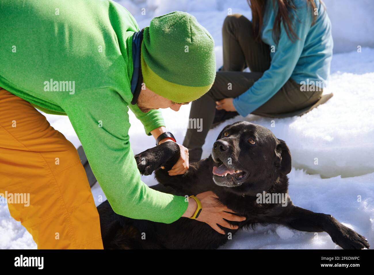 Junge erwachsene Paare im Freien mit Hund Spaß im Winter Landschaft Stockfoto