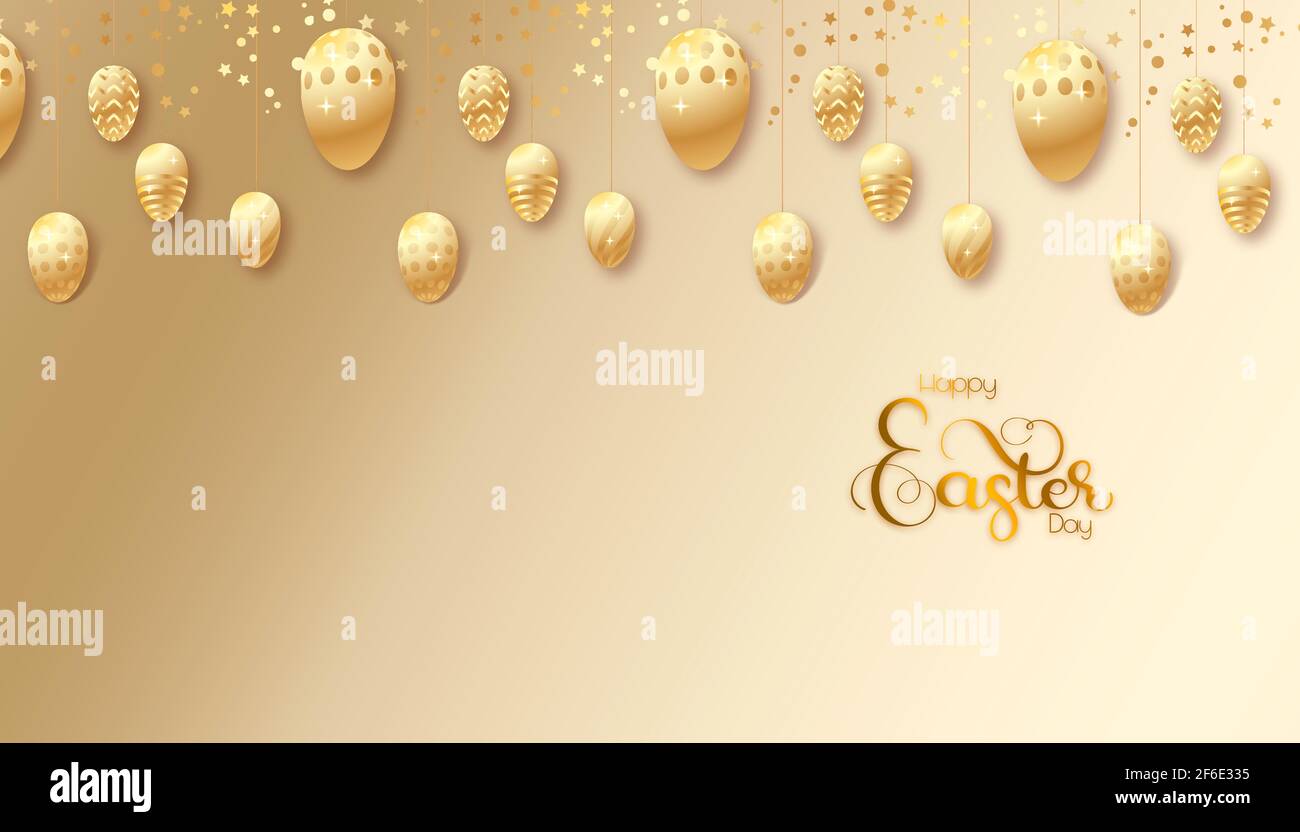 Frohe Ostern Grußkarte mit handgeschriebener Kalligraphie-Schrift und goldenem Eiergirlande-Muster auf goldenem Hintergrund. 3d-Illustration. Stockfoto