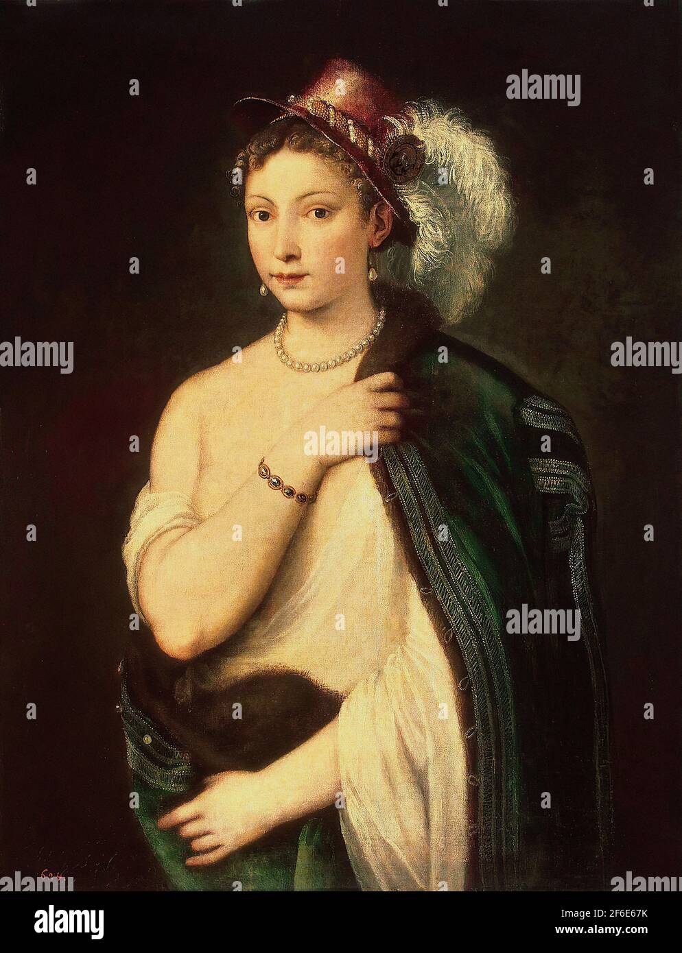 Tiziano Vecelli oder Vecellio alias Titian - Portrait Junge Frau Mit Federmütze C 1536 Stockfoto