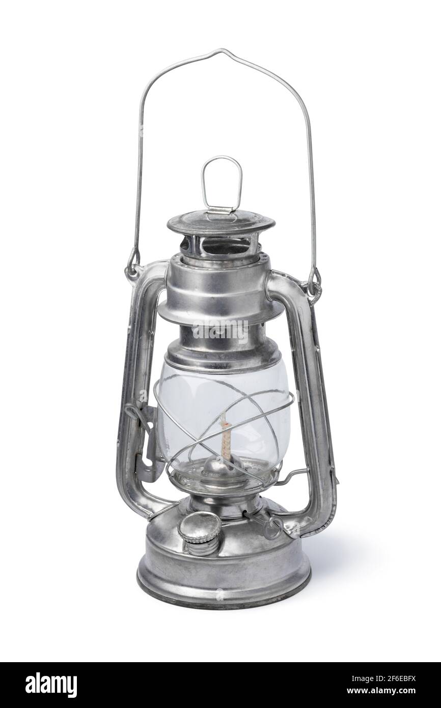 Einzelne klassische Metall-Öl-Lampe Laterne isoliert auf weißem Hintergrund Stockfoto