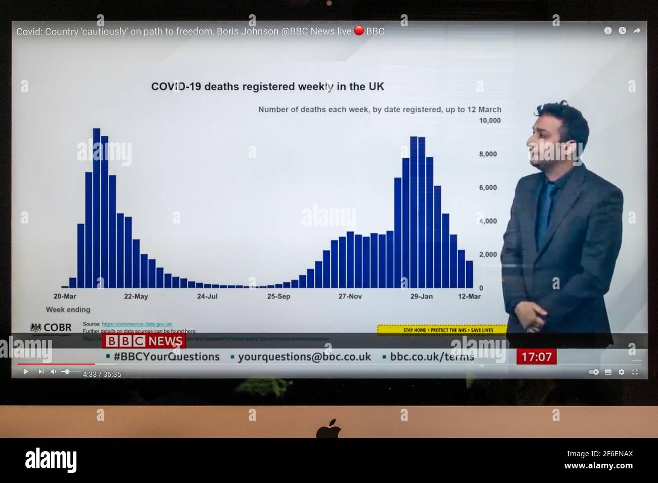 BBC News mit einer Grafik, die die Anzahl der Todesfälle durch das Coronavirus nach dem einjährigen Jahrestag der ersten Sperre zeigt. GROSSBRITANNIEN 2021 Stockfoto