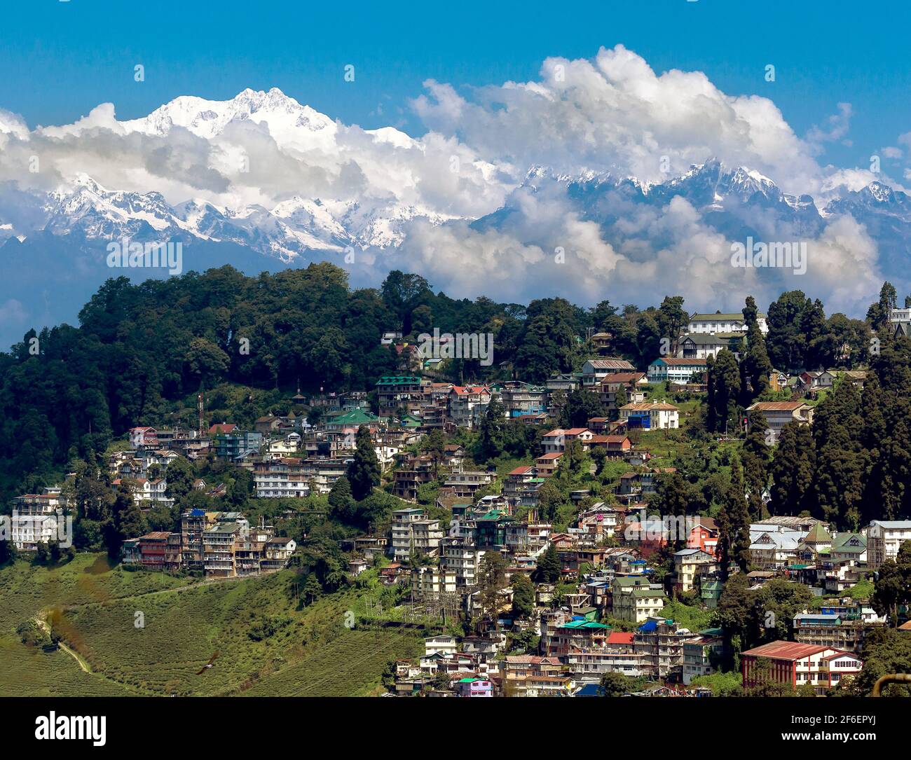 Panoramablick auf den Kanchengjunga, Darjeeling im Vordergrund. Indien Stockfoto