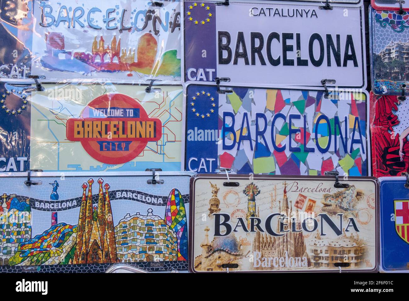 Barcelona Dekoratives Fahrzeug Nummernschild Touristen Souvenirs Zum Verkauf Barcelona Spanien Stockfoto