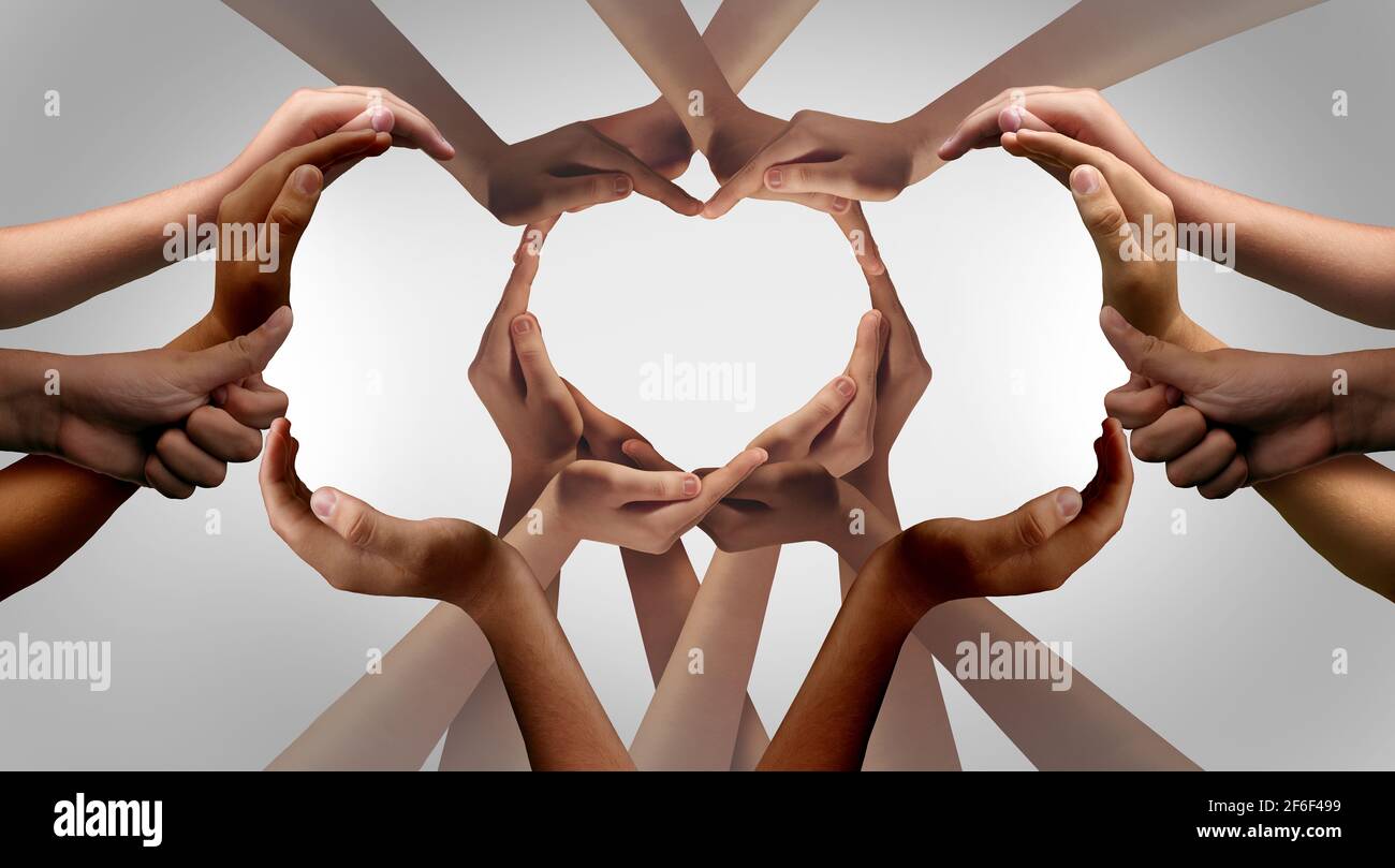 Einheit und Zweisamkeit oder Diversität Partnerschaft als Herzenshände in einer Gruppe von verschiedenen miteinander verbundenen Menschen geformt als Unterstützungssymbol. Stockfoto