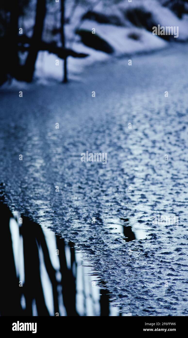 Spitze-ähnlich strukturierte Eisfläche des Waldbeckens mit Fokus Im Vordergrund Stockfoto