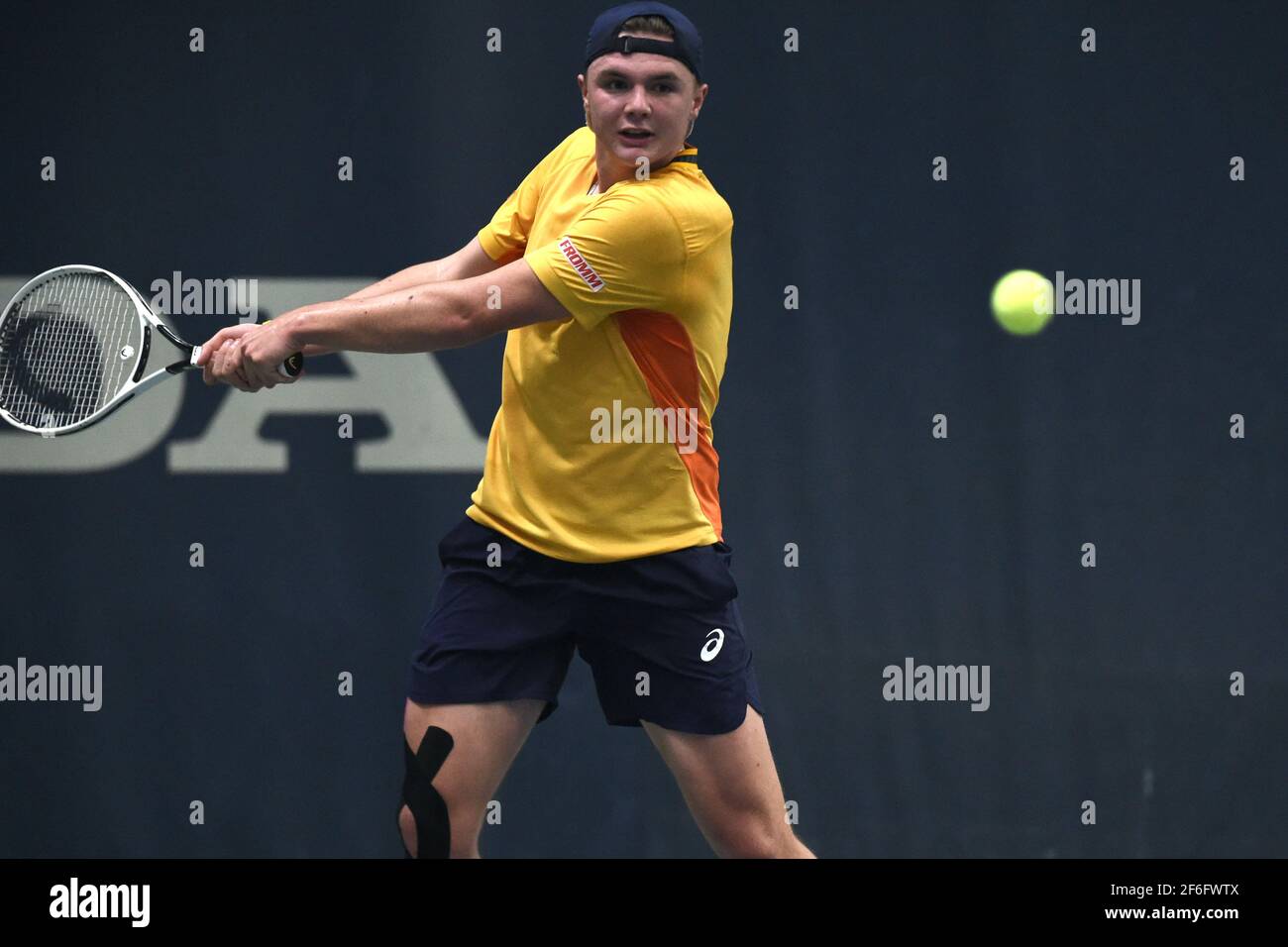 31,03.2021, Biel, Schweizer Tennisarena, ITF WORLD TENNIS TOUR M25 BIEL: Leandro Riedi (Schweiz) vs Dominic Stricker (Schweiz), (Schweiz/Kroatien OUT) Stockfoto